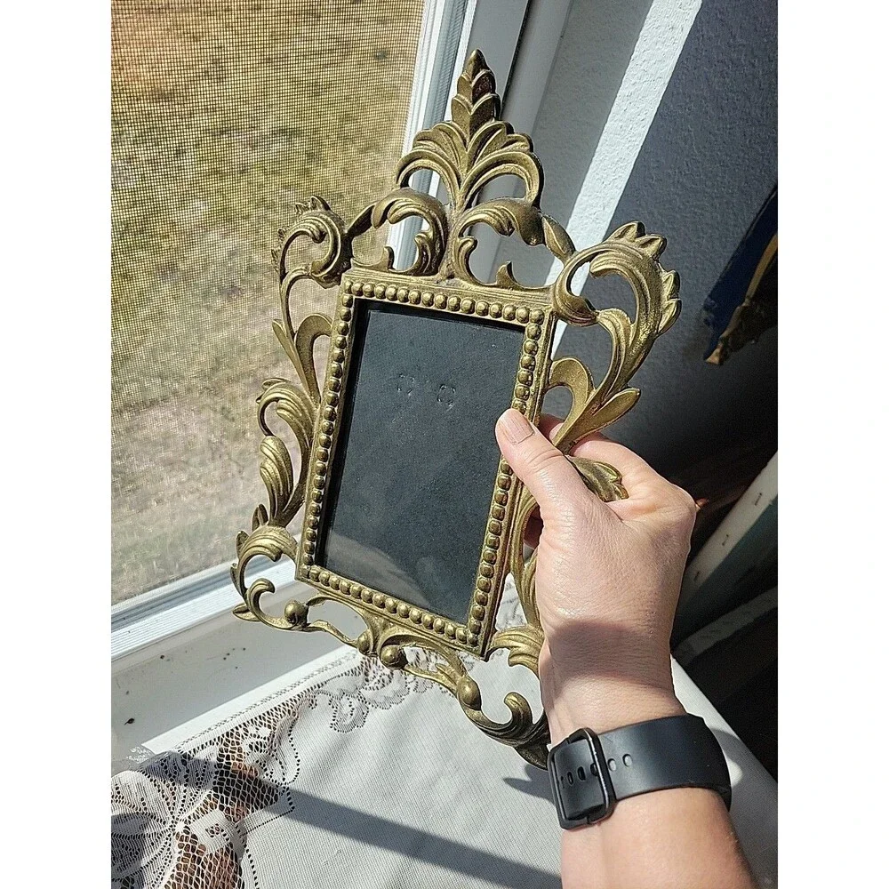 Vintage Ornate Cast Brass Art Nouveau Picture Frame Holds 4” X 6” Picture